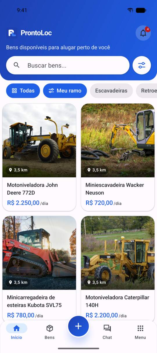 Tela inicial do app ProntoLoc com máquinas para obra perto do usuário