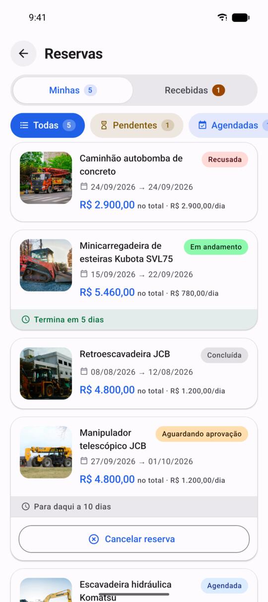 Lista de reservas no app ProntoLoc