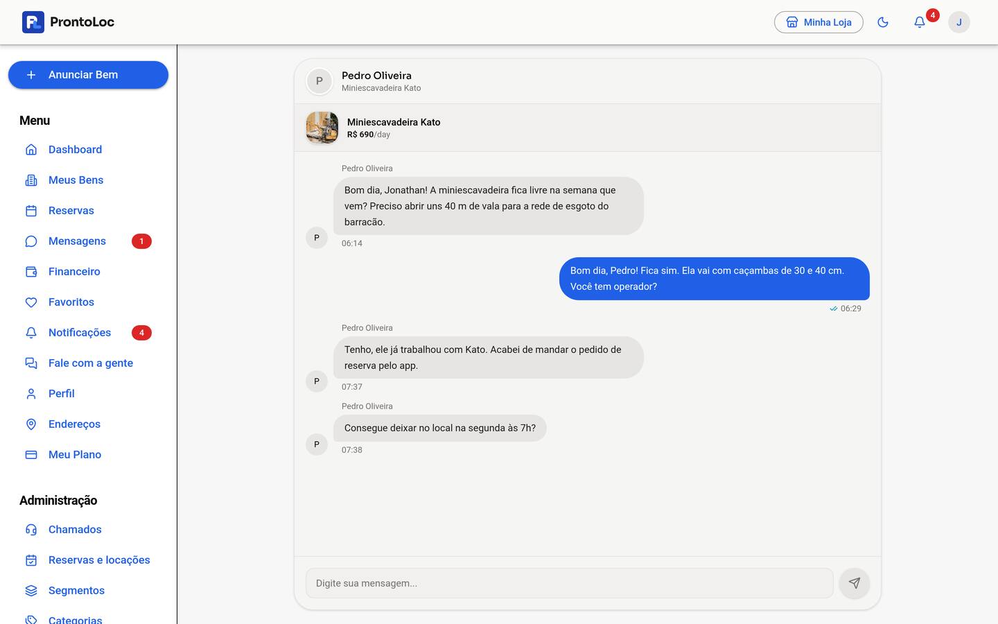Conversa entre locatário e anunciante na ProntoLoc